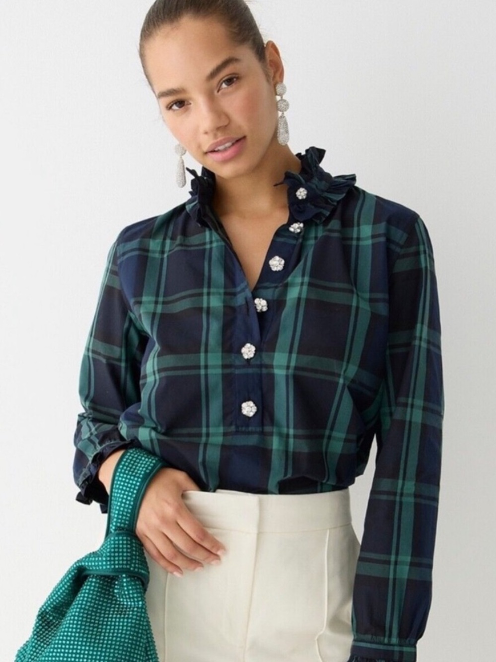 J.Crew Plaid Ruffle Jeweled Blouse 4